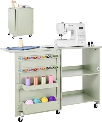 A sewing machine table with storage and a sewing machine on top, shown against a white background.