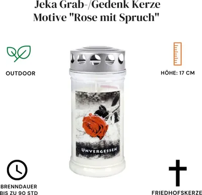 Produktbild von Motiv Grabkerze mit Deckel - Rose mit Spruch 1 Stück - Gedenkkerze - Grablaterne mit Motiv - Motiv Grableuchte - Grablicht mit langer Brenndauer (Größe:75 x 170 mm, Brenndauer: 70-90 Stunden)