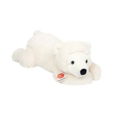 A plush polar bear toy lying down on a white background.