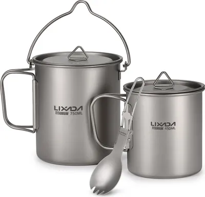 Obrázok produktu pre Ľahká titánová sada 3 kusov Titánový hrniec 750 ml 450 ml Hrnček na vodu s vekom Skladacia rukoväť Skladacia vidlička na vonkajšie kempovanie Turistika