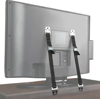 The back of a flat-screen television secured to a piece of furniture with anti-tip straps.