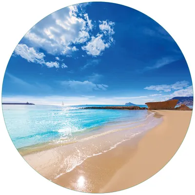 Produktbild von Wallario Premium Glasbild, freischwebende Optik, kräftige Farben, rund 50cm Durchmesser, Motiv Traumstrand unter blauem Himmel