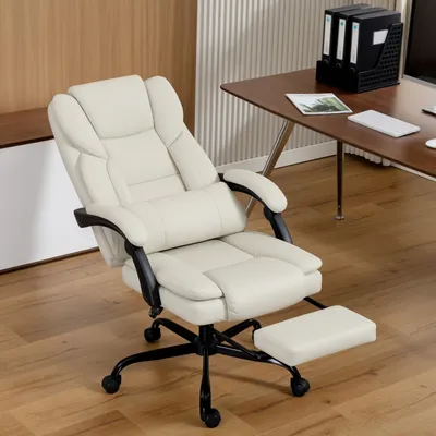 Produktbild von Bürostuhl mit Fußstütze, haustierfreundliches Kunstleder, Schreibtischstuhl 140° neigbar, Beige | 67 x 65 x 119 cm | Klasse-3-Gaslift | Lendenkissen