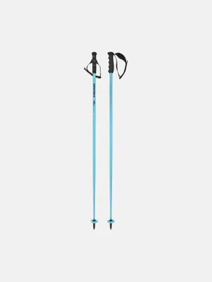 A pair of blue ski poles with black grips against a white background.
