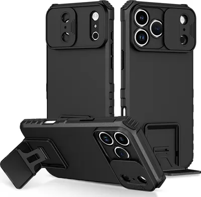 Obrázek produktu pro Pouzdro pro iPhone 17 Pro dvouvrstvé robustní, vojenská ochrana pouzdro s stojánku a posuvnou ochranou kamery černé