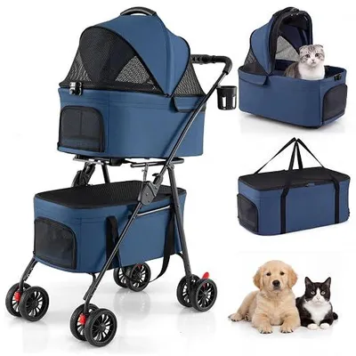 Imagen del producto de Cochecito para perros de 2 niveles, 3 en 1, plegable, hasta 30 kg, transportador para mascotas con toldo ajustable, ventanas de malla y portavasos, ideal para gatos y perros pequeños (azul)
