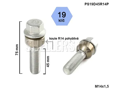 Obrázok produktu pre Skrutka kolesa M14x1,5x45 guľová skrutka R14 pohyblivá, kľúč 19, výška 75