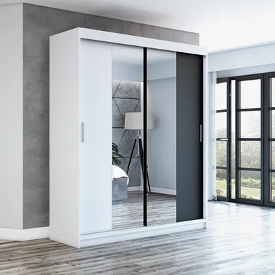 Produktbild von Schwebetürenschrank, 2-türig Schrank mit Spiegel! Moderne Garderobe für Kleidung. Verschiedene Farben (Weiß, Schwarz, Somona) Kleiderschrank NEO 180 cm