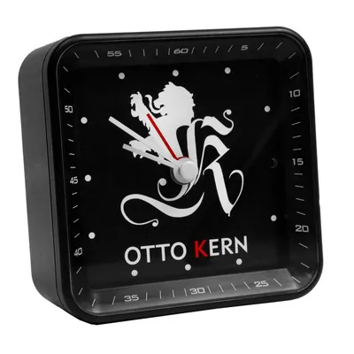 A black alarm clock with a lion logo and brand name.