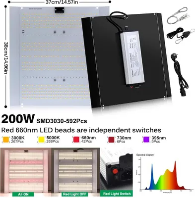 Immagine prodotto di Lampada LED per piante - Grow Light - 200 W - SMD3030 - Regolabile tramite manopola - AC 100–240 V - Alloggiamento in alluminio - Blu
