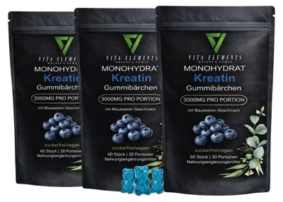 Imagen del producto de Vita Elements Gomitas de Creatina Monohidrato Pack de 3 60 uds Entrenamiento de Fuerza Suplemento Alimenticio