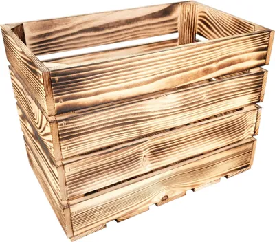 A wooden crate with a burnt finish.