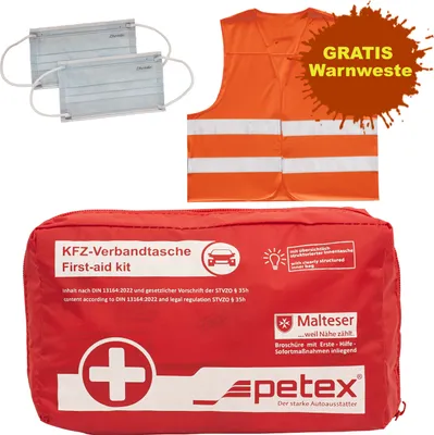 Produktbild von Verbandtasche Inhalt nach DIN 13164:2022, rot + GRATIS Warnweste von PETEX