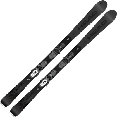 A pair of black skis with bindings, presented on a white background.