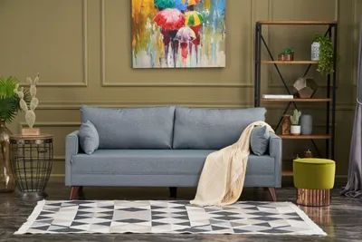 A living room scene featuring a blue sofa, a rug, a bookshelf, and decorative items.