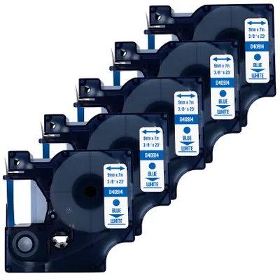 Produktbild von DULA Etikettenband - Kompatibel mit Dymo D1 40914 - 5 Stück - Blau auf weiß - 9mm x 7m