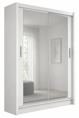 Produktbild von Schwebetürenschrank PARIS 120 cm mit Spiegel – Kleiderschrank modern, kompakter Schlafzimmer Schrank (Weiss)