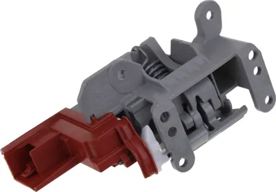 A close-up studio shot of a washing machine door lock mechanism.