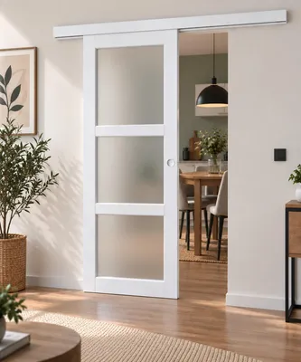 Immagine prodotto di Porta scorrevole Kenya bianca con vetro H204 x L83 cm, binario in alluminio bianco, conchiglie bianche GD MENUISERIES