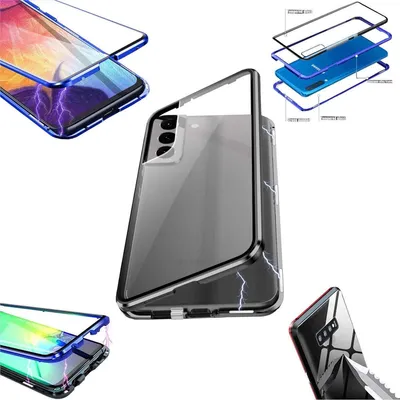 A collage of images showing different phone cases, primarily magnetic glass and metal bumper cases for Samsung Galaxy phones.