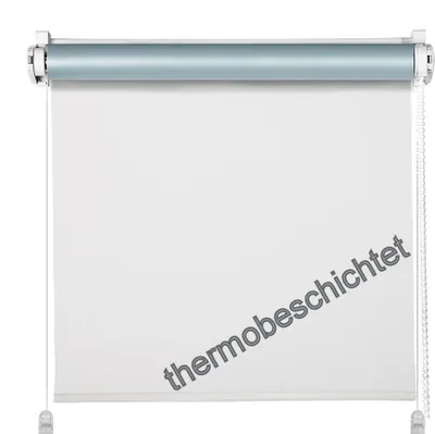 A white roller blind with a blue top bar, shown fully extended against a white background.