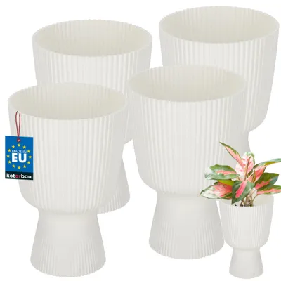 Produktbild von KOTARBAU® 4er Set Blumentopf ⌀ 14cm Orchideentopf Übertopf für Zimmerpflanzen Pflanzentopf mit Sockel Geriffelt Kelchform Pflanzkübel Kunststoff Weiß