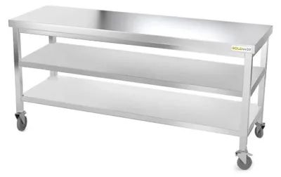 Obrázok produktu pre Pracovná doska z nehrdzavejúcej ocele, rozmer 2000 x 500 mm, s 2 policami na kolieskach, PREMIUM - GOLDINOX
