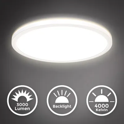 A circular LED ceiling light is shown from a slightly angled top-down view against a dark gray background. Below the light, there are three circular icons with white line drawings and text indicating product features.