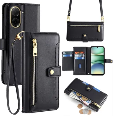 A collage of images showcasing a black leather phone case with multiple compartments and a crossbody strap.