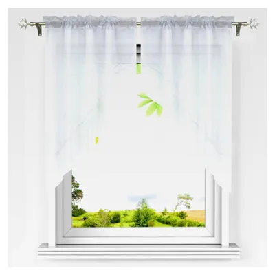 Produktbild von Voile Scheibengardine Bogen Set 2-teilig für Kleinfenster Tunnelzug Kurzstores Doppelschichtige Küchengardinen Weiß BxH 90x100 cm