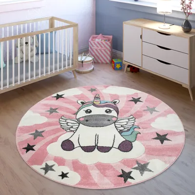Produktbild von TT Home Kinderteppich Mädchen Spielteppich Niedliches Einhorn Wolken In Rosa Weiß Lila Größe 200 cm Rund