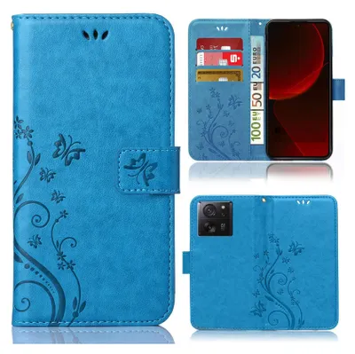 A collage of images showing a blue flip phone case with a floral and butterfly design, including views of the case open with cards and money inserted, and a view of the back with the camera cutout.