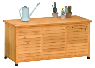Immagine prodotto di Armadietto da giardino in legno con piano di lavoro e ripiani | Colore: giallo | Dimensioni: 127x56x60 cm