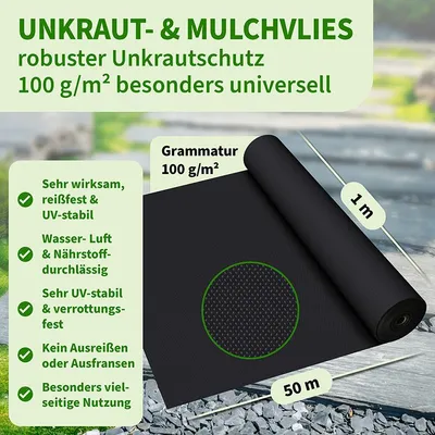 Produktbild von SCHNÄPPCHENFUCHS Unkrautvlies 100g/m² 50m² - 1x50m Rolle Gartenvlies, Vlies gegen Unkraut, Mulchvlies - schwarz