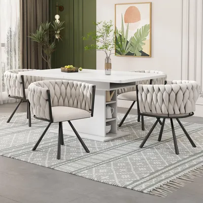 Productafbeelding van Linnen eetkamerstoel, set van 2, individuele, lichte luxe fauteuil voor woonkamer of slaapkamer, draaistoel voor vrijetijd met vier metalen poten, linnen in beige en zwart