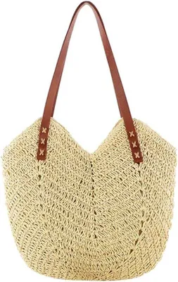 Image de Grand sac de plage - Sac tissé beige fait à la main - Détails en cuir - Sac de voyage léger - Sac de plage d'été - Grande capacité