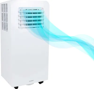 A white portable air conditioner with blue wavy lines indicating airflow.