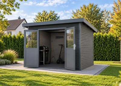 Produktbild von Linholm WPC Gartenhaus Linia 2824 inkl. Dachrinnen-Set, 2-farbig in Grau/Anthrazit