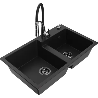 Obrázek produktu pro Mexen Tomas 2-miskový granitový dřez s kuchyňskou baterií Aster, Černá - 6516-77-73450-07-B