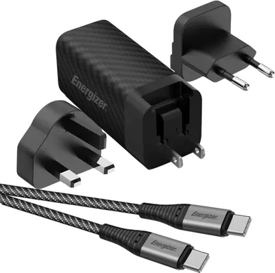 Produktbild von ENERGIZER, GaN Netzteil USB-C & USB-A 65W PD EU/UK/US Adapter, Schwarz