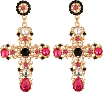 Produktbild von Boho Damen-Ohrringe mit Strass-Intarsien, hohles Kreuz, baumelnd, Schmuck, Geschenk-Rot