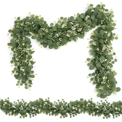 Productafbeelding van Eucalyptuskrans, 2 kunststof eucalyptusranken, eucalyptusdecoratie, groene krans van 180 cm lang, geschikt voor bruiloftdecoratie, tafeldecoratie en zelfgemaakte decoraties.
