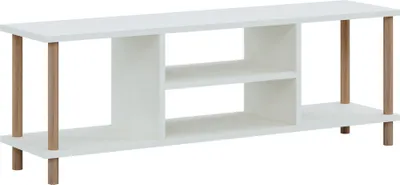 A white TV stand with wooden legs against a white background.