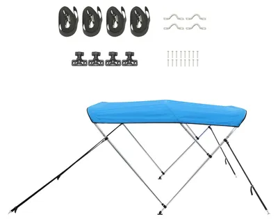 Produktbild von SucceBuy Bimini Top Bootsabdeckung Sonnenverdeck (3 Bögen) aus 600D Polyester mit Aluminiumrahmen, wasserabweisende Bootsmarkise mit Aufbewahrungstasche, 137-152 cm Breite, Blau