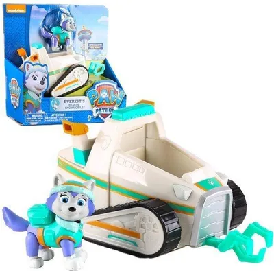 A Paw Patrol toy set featuring Everest's snowmobile and figure, displayed with its packaging.
