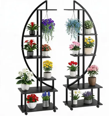 Produktbild von Pflanzenständer - 6-stöckiges Blumenregal - Für Innen und Außen - Eisenrahmen - Mit Rollen - Eckmodell - Schwarz