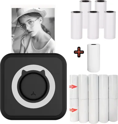 Produktbild von Mini-Drucker Fotodrucker fuer Smartphone Bluetooth Sofortbild-Thermodrucker mit 10 selbstklebenden Papierrollen 1 Thermopapierrolle+5 Rollen Selbstklebendes Thermopapier Rolle