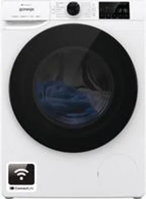 Front view of a white washing machine with a black door.