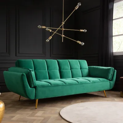 Produktbild von Retro Schlafsofa BOUTIQUE 213cm smaragdgrün Samt mit goldenen Füße