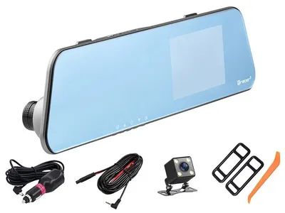 A dashcam and its accessories are laid out on a white background.
